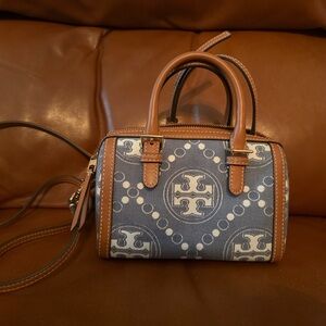 Tory Burch Blue and Tan Mini Bag with Gold Hardware
